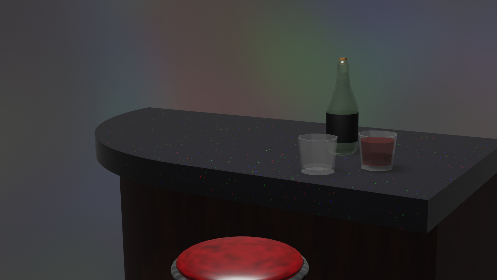 An assortment of objects you might find in a bar arranged in diorama; a countertop, two glasses, and a bottle.